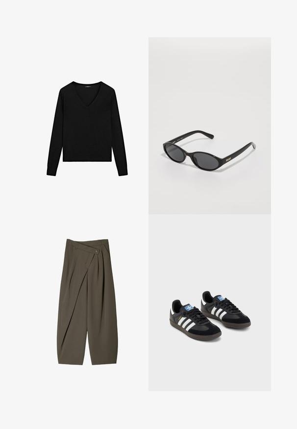 Schwarzer Pullover mit langen Ärmeln und V-Ausschnitt. Aus weichem Material, mit taillierter Passform und gerippten Kanten. Schlichtes Design, ohne Muster.; Weite Hose aus dunkelolivgrünem Stoff mit einem gefältelten Vorderdesign, einem Knopfverschluss und einer glänzenden, strukturierten Oberfläche.; Schwarze Sneaker mit einem Obermaterial aus Wildleder und Synthetik, ausgestattet mit drei weißen Streifen, einer strukturierten Gummi-Sohle und einem blauen Logo-Tag auf der Zunge.; Schwarze Sonnenbrille mit runden Gläsern, glänzender Kunststofffassung und goldfarbenem "QUAY"-Logo an der Seite. Mit dunkel getönten Gläsern.