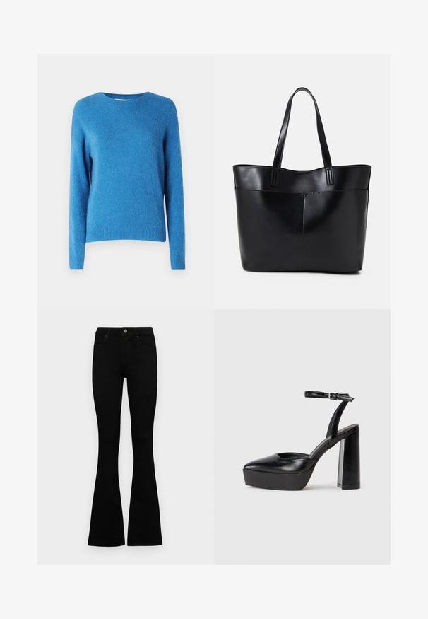 Sininen neulepusero, jossa on pitkät hihat, pyöreä pääntie ja ribbauskut. Pehmeä rakenne, kevyet kankaat ja hieman rento istuvuus.; Mustat korkeavyötäröiset farkut nappi- ja vetskariyläosalla, etutaskuilla ja levenevillä lahkeilla, asetettuna tasaisesti valkoista taustaa vasten.; Mustat korkeat platform-kengät, joissa on terävä kärki ja säädettävä nilkkaremmi. Valmistettu sileästä nahasta ja varustettu paksulla lohkokorkeudella.; Musta nahkainen kassi, jossa on kaksi pitkää kahvaa, sileä pinta ja jämäkkä muoto. Sisältää etutaskun lisävarastointia varten.