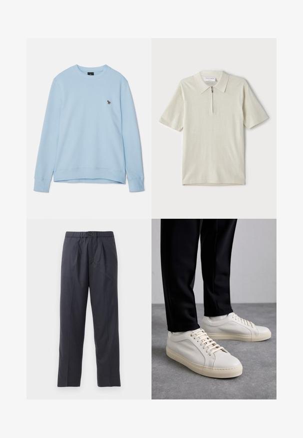 Helesinine dressipluus ümmarguse kaelusega ja ribakudumiga mansettidega. Rinnal on väike tikandiga disain. Pehme kangastekstu.; Lühikeste varrukatega polo särk heles beeži värviga, millel on tõmblukk kaeluses. Valmistatud siledast kangast, minimalistlik ja kaasaegne disain ilma mustriteta.; Tumed sinised püksid pehmest kangast, mille esiosal on volditud disain ja elastne vöökoht. Varustatud nupuga sulgemisega ja sirge lõikega.; Kergedbežsest nahkkingad lamepaeltega, reljeefse pinnaga ja kontrastse kreemivärvi kummitallaga, kombineeritud mustade kitsaste pükstega.