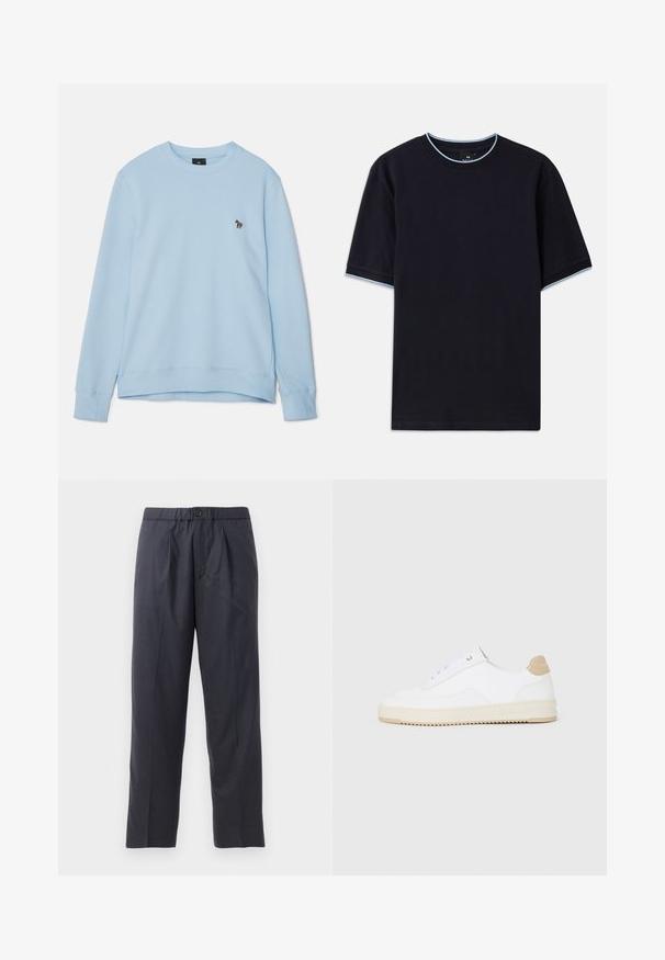 Helesinine dressipluus ümmarguse kaelusega ja ribakudumiga mansettidega. Rinnal on väike tikandiga disain. Pehme kangastekstu.; Tume sinine lühikese varrukaga t-särk ümmarguse kaelusega, millel on helesinised aktsendid kaeluse ja varrukate ümber. Valmistatud pehmest puuvillast kangast.; Tumed sinised püksid pehmest kangast, mille esiosal on volditud disain ja elastne vöökoht. Varustatud nupuga sulgemisega ja sirge lõikega.; Valged madala varsaga tennisetooted, mille pealmine on tekstuuriga nahast, kreemja soonikuga tald ja pruuni tooni kand. Omab valgeid paelu ja logodetaile kanna peal.