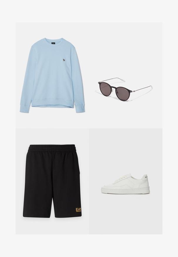 Világoskék pulóver, kerek nyakkivágással és bordázott ujjak véggel. Kicsi hímzett mintával a mellkason. Puha szövet állag.; Fekete sportnadrág puha anyagból, rugalmas derékkal és egy kis sárga EA7 logóval a bal alsó lábszáron.; Fehér bőr sportcipő sima felülettel, kerek orral, lapos fűzőkkel és texturált talppal. Finom logó található a sarokon.; Fekete kerek napszemüveg sötét lencsékkel és karcsú fém szárakkal. Átlátszó szárvégeket és ezüst részleteket tartalmaz az ívnél. Minimalista dizájn.