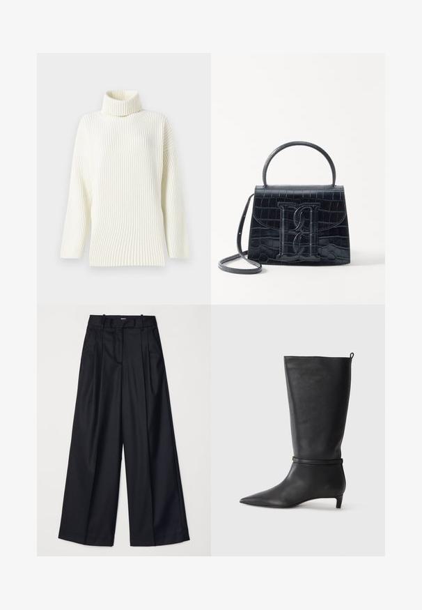 Krämmfärgad ribbad polotröja med långa ärmar och en avslappnad passform. Den mjuka texturen och sömlösa designen ökar dess komfort.; Svarta vida byxor i slät tyg, med hög midja, veck och skräddarsydd design. Enkel svart detalj vid midjan.; Svart läderknähöga stövlar med spetsig tå, försedda med ett runt rem runt vristen och en låg, avsmalnande klack. Slät textur.; Svart läderhandväska med krokodilprägling, strukturerad design, topphandtag, justerbar rem och en framträdande logotypdetalj på framsidan.