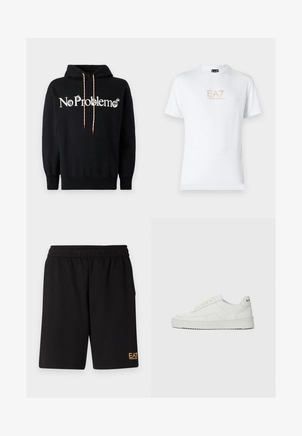 Felpa nera con la scritta "No Problemo" in bianco. Presenta un cappuccio con lacci e accenti rossi e bianchi. Realizzata in tessuto morbido, vestibilità rilassata.; T-shirt bianco in cotone con scollatura rotonda e maniche corte, con il logo oro EA7 Emporio Armani stampato sul fronte.; Pantaloni sportivi neri realizzati in tessuto morbido, con vita elastica e un piccolo logo EA7 giallo sulla parte bassa della gamba sinistra.; Sneaker in pelle bianca con una finitura liscia, punta rotonda, lacci piatti e suola testurizzata. Presenta un logo discreto sul tallone.