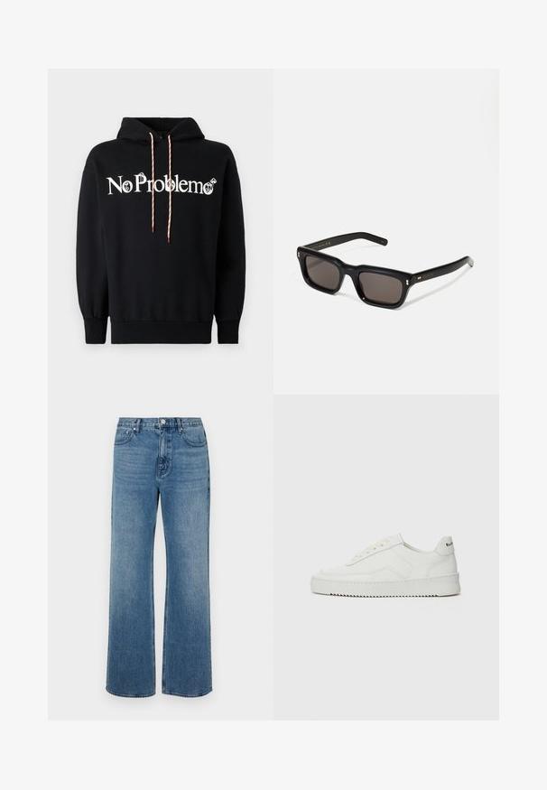 Čierna mikina s kapucňou s textom "No Problemo" v bielej farbe. Má sťahovaciu kapucňu s červenými a bielymi akcentmi. Vyrobená z mäkkého materiálu, voľný strih.; Džínsy s širokými nohavicami vo farbe modrej, vyrobené z denimovej látky s vyblednutým vzhľadom. Obsahujú päť vreciek, predné zapínanie na gombík a rovný strih.; Biele kožené tenisky s hladkým povrchom, okrúly špičkový dizajn, ploché šnúrky a textúrovaná podrážka. Obsahujú jemné logo na päte.; Čierne obdĺžnikové slnečné okuliare s tmavými sklami, hrubým plastovým rámom, zlatými detailami na spánkoch a vygravírovaným logom značky na ramene.; Perlový náhrdelník so strieborným uzáverom. Obsahuje guľaté biele perly a výzdobný stredový prvok posiaty kamienkami.