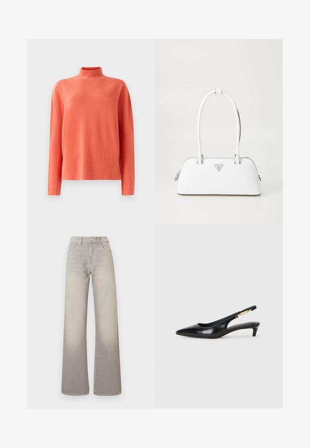 Koralli pitkähihaiset neulepusero, jossa on korkea kaulus ja rento istuvuus, esitelty valkoisella taustalla.; Harmaat leveälahkeiset farkut, joissa on haalistunut pinta, nappisuljenta, viisi taskua ja ommeltu yksityiskohtaus saumoissa.; Mustat nahkaiset slingback-korkokengät, joissa on terävä kärki, ohuet korot ja kultasävytteinen yksityiskohta säädettävässä hihnassa. Silkkinen pinta.; Valkoinen nahkalaukku, jossa on kaareva muoto, hopeinen kolmion muotoinen logo ja vetoketjukiinnitys. Liukas pinta ja kaksinkertaiset kahvat.