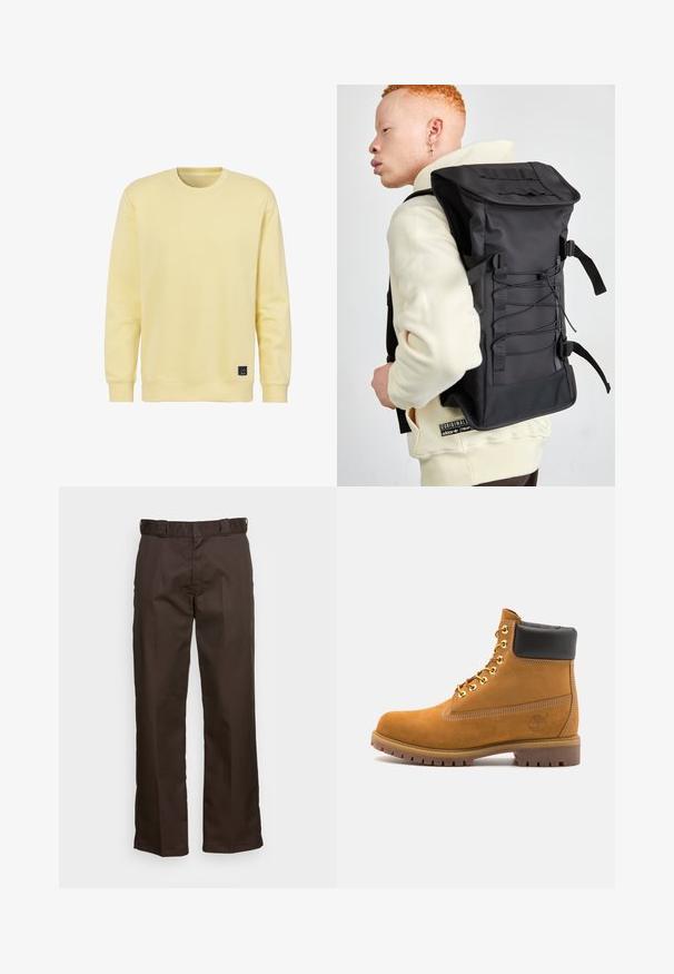 john devin Sportinis megztinis - gelb; Rudos kelnes su tiesiu sijonu, turinčios plokščią priekį, diržo kilpas ir lygų paviršių. Paprastas dizainas be raštų ar akcentų.; Tan spalvą turintys suknelės batus iki kulkšnies su juodu paminkštintu apvadu, auksiniais metaliniais akių užsegimais, baltais siūlų dekoratyviniais elementais ir tvirtu guminiu padu su ryškiai išreikštais raštais.; Juodas kuprinės su aerodinaminiu dizainu, turinčiu tekstūruotą paviršių, reguliuojamus diržus ir elastingas priekinės dalių virves papildomam saugojimui.; Auksinis metalinis laikrodis su stačiakampiu ciferblatu, tekstūruotu grandinėliu ir užsegimu. Atgal yra sidabrinė dėžutė su išgraviruotais detalėmis.