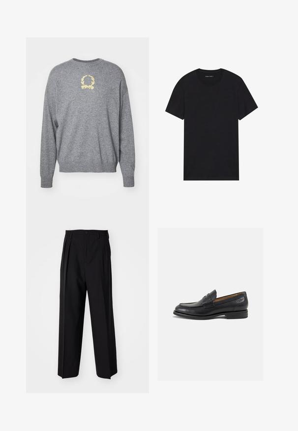 Siv krožni pulover iz pletenine z okroglim ovratnikom, ki vsebuje rumeno vezeno lovorovo dekoracijo na prsih ter rebraste manšete in spodnji del.; Črna bombažna majica s kratkimi rokavi in okroglim ovratnikom. Tkanina ima gladko teksturo in enostaven, enobarven dizajn.; Črne nabirane hlače s ravnim, širokim krojem. Narejene so iz gladkega materiala in imajo zadrgo ter pasne zanke.; Črne usnjene loafers cipele z gladko površino, zaobljenim nosom in dekorativnim šivom na vampu. Nizek zloženi peti in rahla sijaj.