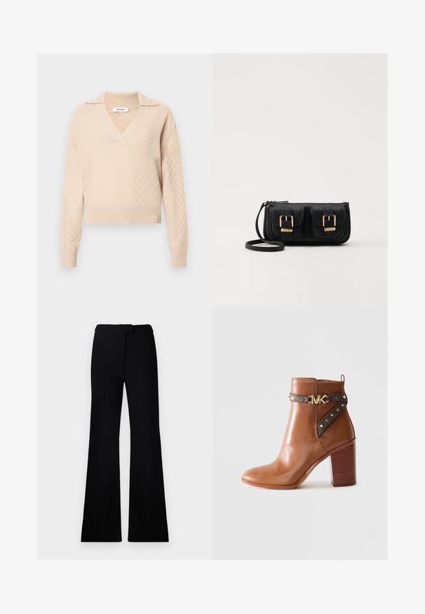Beżowy sweter dzianinowy o teksturowanym wzorze diamentowym, z dekoltem w kształcie litery V i kołnierzykiem. Posiada ściągacze na rękawach i u dołu, z logo marki na dole.; Czarne rozszerzane spodnie o gładkiej fakturze, z dopasowaną talią i kieszeniami z przodu, zaprojektowane w eleganckim, nowoczesnym stylu.; Brązowy skórzany botek na kostkę z piętą w kształcie bloku, boczny pasek z złotymi ćwiekami i zapięciem z logo "MK" w kolorze złotym.; Czarna skórzana torba na ramię z dwoma przednimi kieszeniami, złotymi klamrami, zamkiem błyskawicznym i cienkim paskiem. Teksturowana powierzchnia i kompaktowy prostokątny kształt.