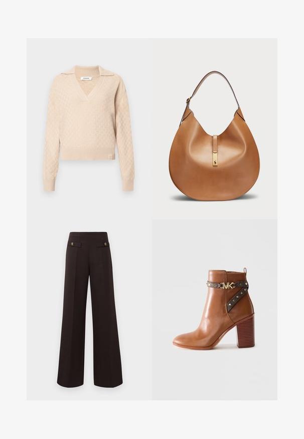 Pulover bej din tricot cu un model texturat în formă de diamant, de tip V și cu guler. Prezintă manșete și tiv cu nervuri, având un logo de marcă în partea de jos.; Pantaloni largi, cu talie înaltă, de culoare maro închis, cu pliseuri frontale și buzunare decorative cu clapete butonate, situate aproape de talie.; Botine din piele maro, cu toc bloc stratificat, curea laterală cu studuri aurii și cataramă cu logo „MK” aurie.; Geantă din piele de culoare tan, cu o formă curbată și o curea lată pentru umăr. Se evidențiază printr-un accent metalic auriu în centru și o textură netedă.