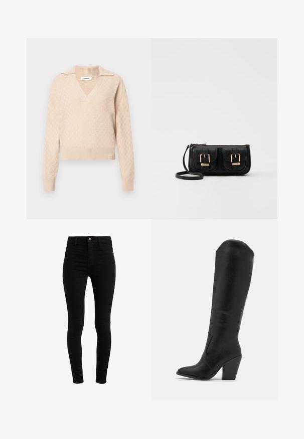 Beige kötött pulóver texturált gyémántmintával, V-nyakkivágással és gallérral. Rugalmas mandzsettákkal és szegéllyel rendelkezik, alján márkás logóval.; Fekete skinny farmernadrág, magas derékkal, ötpocketos kialakítással és gombos záródással. Simább anyag, látható minták nélkül.; RAID LAKELYN - Magassarkú csizmák - black; Fekete bőr keresztbody táska két elülső zsebbel, arany csattokkal, cipzáras záródással és vékony pánttal. Textúrált felület és kompakt téglalap alak.