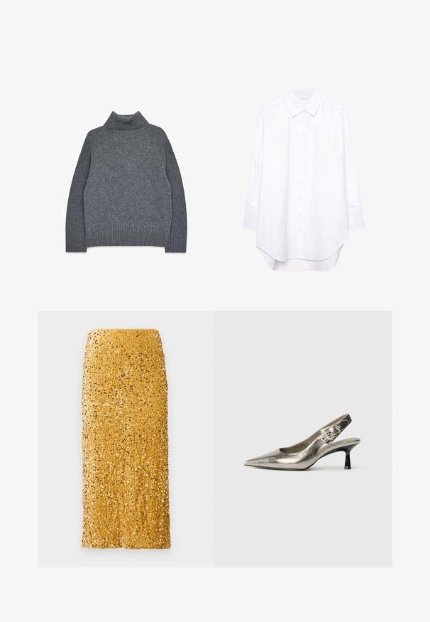 Gray turtleneck sweater in a soft, textured knit. Features ribbed cuffs and hem, with a relaxed, boxy fit for comfort and warmth.; White long-sleeve button-up shirt with a pointed collar and curved hem, displayed against a plain background.; Gold midi skirt covered in shiny sequins with straight cut and high waist against a white background.; Metallic silver slingback pump with a pointed toe, small black heel, and buckle detail on the strap. Smooth leather texture.