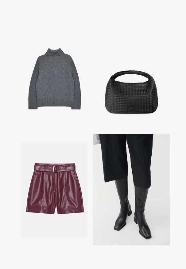 Grijze coltrui van een zachte, gestructureerde brei. Bevat ribgebreide mouwen en zoom, met een ontspannen, boxy pasvorm voor comfort en warmte.; Bordeaux neplederen shorts met een brede tailleband, een riem met een zilveren gesp en voorplooien voor een ontspannen silhouet.; Zwarte leren kniehoge laarzen met een vierkante teen en een blokhak. Heeft een ritssluiting aan de zijkant en een gladde textuur.; Zwarte, geweven handtas met een ronde vorm, gestructureerd oppervlak en een enkele handgreep aan de bovenkant. Heeft een slank, minimalistisch ontwerp zonder zichtbare hardware.