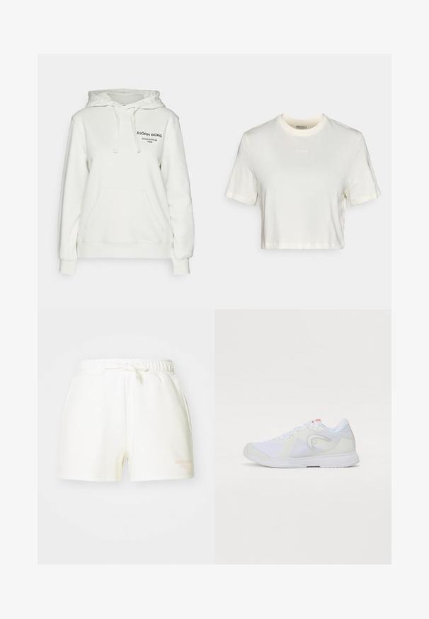 Björn Borg ESSENTIAL HOODIE - Mikina s kapucňou - zephyr blue; Zkrátené biele tričko vyrobené z bavlny s hladkou textúrou, s okrúhlym výstrihom a krátkymi rukávmi. Logo "BORG" v jemnej výšivke.; Biele bavlnené šortky s elastickým pásom a viazaným akcentom. Majú bočné vrecká a malé potlačené logo v svetlo oranžovej farbe.; Biele športové tenisky s priedušným sieťovinovým zvrškom, kontrastnými šedými akcentmi, polstrovaným golierom a gumovou podrážkou. Šnurovanie a logo detail na boku.