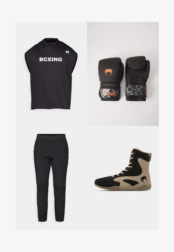Čierna bezrukávová mikina vyrobená z látky s hladkou textúrou. Na prednej strane sa nachádza veľký biely potlač "BOXING" a malá logo na ramene.; Čierne legíny s priliehavým strihom, elastickým pásom a vreckami na zips. Hladká textúra s mierne lesklým povrchom.; Vysoké športové topánky s čiernou sieťovinou a béžovými akcentmi. Štruktúrovaná gumová podrážka a detail loga na boku.; Čierne boxerské rukavice s matným povrchom a ergonomickým dizajnom. Oranžové logo a manžety s maskáčovým vzorom.
