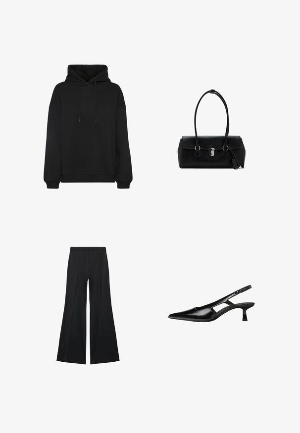 Črna kapuca z velikim sprednjim žepom, z enobarvnim vezenim logotipom na prsih, kapuco z vrvico ter rebrastimi manšetami in robom.; Črne široke hlače z gladko teksturo, ki imajo sprednje nabore in kroj po meri. Tkanina je lahka in zračna.; Črne patentični usnjeni salonarji s slingback designom, z zašiljenim nosom, izrezanim stranskim dizajnom in majhnim kvadratnim peto. Gladka tekstura z minimalnimi detajli.; Črna usnjena torbica z gladko teksturo, strukturirano zasnovo, dvema ročkama in s srebrnim sponko na sredini.