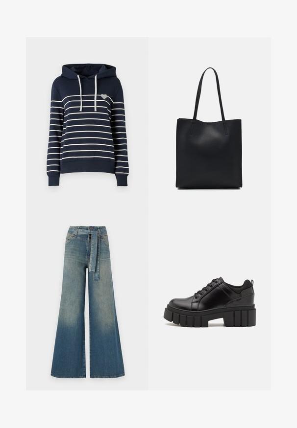 Sweat à capuche bleu marine avec des rayures blanches horizontales, une capuche avec cordon de serrage, un motif en forme de cœur sur le devant, et des poignets et un ourlet côtelés.; Pantalons en denim à jambe large présentant un dégradé de bleu clair à bleu foncé, taille haute, passants de ceinture et une ceinture en tissu assortie. Finition en denim texturé.; Chaussures à plateforme en cuir noir avec un talon bloc épais, bout rond et un design traditionnel à lacets. Elles présentent une texture lisse et un détail minimal.; Sac fourre-tout en cuir noir avec une texture lisse, de forme rectangulaire et deux longues poignées. Pas de matériel ou d'ornementations visibles.