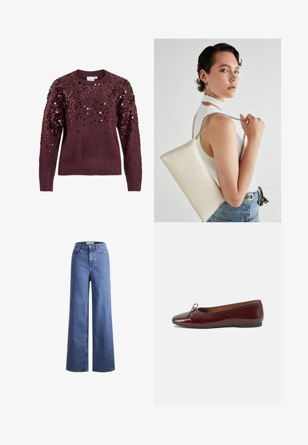 Bordó pulóver flitter díszítéssel a vállakon, kerek nyakkivágással és bordázott mandzsettákkal, amely texturált és tükröződő felületet biztosít.; Világoskék, széles szárú farmernadrág magas derékkal, két elülső zsebbel és látható varrással. Gombos és cipzáros záródás.; Burgundi lakkbőr balettcipő kerek orral, elöl kis masni díszítéssel és alacsony, fekete gumi talppal. Simára csiszolt felület.; Fehér, téglalap alakú, fényes anyagból készült clutch táska, ezüst láncos pánttal. A modell pózol, bemutatva a táskát egy egyszínű háttér előtt.