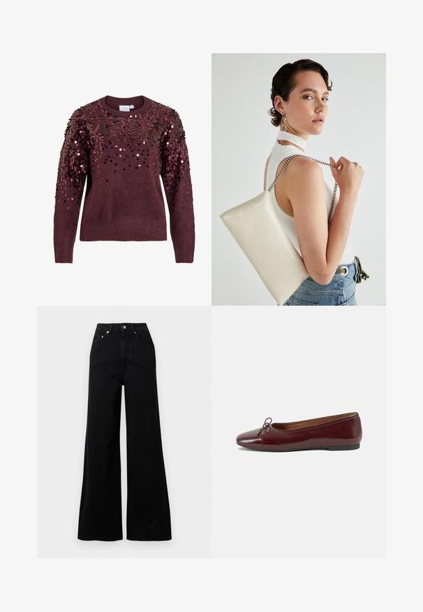 Vínový svetr s flitrovými ozdobami na ramenou, kulatým výstřihem a žebrovanými manžetami, poskytující texturovaný a odrazivý povrch.; Černé kalhoty s širokými nohavicemi z denimu, s vysokým pasem, pěti kapsami, zapínáním na přední knoflíky a minimálními šicimi detaily.; Burgundské lakové baleríny s kulatou špičkou, malou mašlí vpředu a nízkou černou gumovou podrážkou. Hladký povrch.; Bílá obdélníková psaníčko vyrobené z lesklého materiálu, se stříbrným řetízkovým popruhem. Modelka pózuje a předvádí tašku na jednobarevném pozadí.