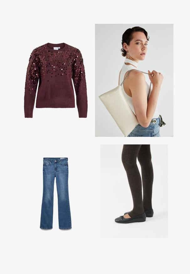 Bordeauxroter Pullover mit Paillettenverzierungen an den Schultern, Rundhalsausschnitt und gerippten Bündchen, der eine strukturierte und reflektierende Oberfläche bietet.; Blaue Denim-Röhrenjeans mit einem mittelhohen Bund, zwei vorderen Taschen und einem gestickten Bund. Weicher Stoff und traditionelles Fünf-Taschen-Design.; Schwarze flache Schuhe mit einem kleinen Schleifendetail an der Zehe, kombiniert mit dunkelbraunen gerippten Strumpfhosen. Die Schuhe haben eine glatte Textur und ein niedriges Profil.; Weiße rechteckige Clutch aus glänzendem Material mit einem silbernen Kettenriemen. Das Model posiert und präsentiert die Tasche vor einem schlichten Hintergrund.
