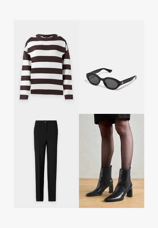 Sweater às riscas castanhas e brancas, com decote redondo, textura em malha, listras horizontais largas, corte descontraído com ombros caídos.; Calças pretas ajustadas com um design de perna reta, apresentando fecho de botão e passantes para cinto, feitas de tecido suave.; Botas de tornozelo em couro preto com bico fino, salto quadrado robusto e design elegante. Apresenta painéis laterais elásticos para facilitar o calçar.; Óculos de sol ovais pretos com lentes escuras e armação de plástico brilhante. Apresenta um logotipo dourado na haste, oferecendo um design elegante e moderno.