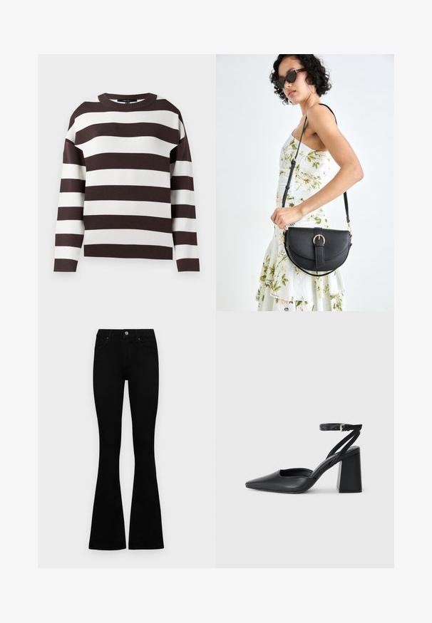 Brun og hvitstripet genser, rund hals, strikket tekstur, brede horisontale striper, avslappet passform med droppe skuldre.; Sorte høytlivsjeans med knapp og glidelås, frontlommer og utsvingte bein liggende flatt på en hvit bakgrunn.; Svart lær pumps med spiss tå, ankelrem og kraftig hæl. Flat tekstur, strømlinjeformet design og minimalisme.; Svart lærveske med en buet form, avtagbar stropp og gullbeslag. Vesken har et klaff med spenne-detall.