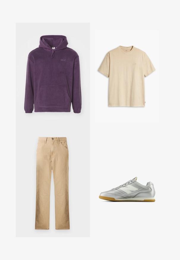 Sudadera de forro polar morada con capucha ajustable, bolsillo canguro en la parte delantera y puños de canalé. Presenta bordado de marca en el pecho.; Camiseta de algodón beige con cuello redondo y mangas cortas. Presenta un sutil logotipo de "Levi's" en el mismo color en el pecho. Textura suave.; Pantalones de algodón beige con diseño de pierna recta, bolsillos frontales y cierre con botón. Textura suave, detalle de costura mínima.; Zapatilla deportiva plateada con una superficie suave y brillante, logotipo blanco en el lateral, cordones texturizados en gris y suela de goma.