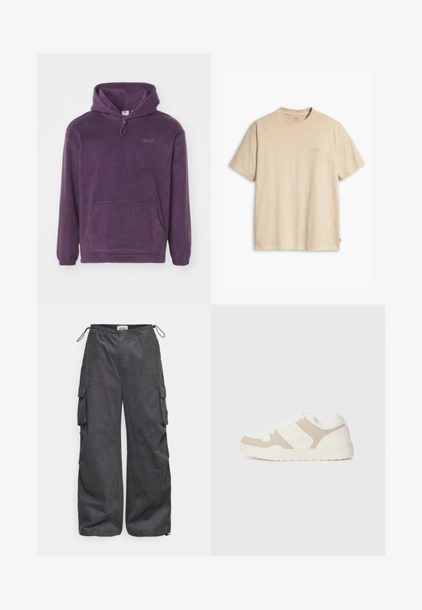 Lilla fleece hættejakke med snoretræk i huen, forreste kængurulomme og ribbede manchetter. Har broderet branding på brystet.; Beige bomulds t-shirt med rund hals og korte ærmer. Har et subtilt "Levi's" logo i samme farve på brystet. Blød tekstur.; Grå cargo bukser med struktureret stof, elastisk talje, snor og detaljerede sidelommer. Løs pasform med brede ben.; Hvide og beige sneakers med en kombination af glatte og ruskindseffekter, rund tå, snørelukning og flad gummisål.