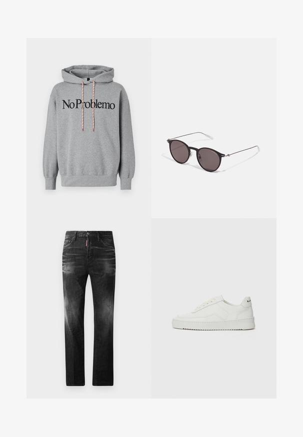 Gray hoodie with a kangaroo pocket, drawstring hood in red and white, featuring "No Problemo" printed in bold black letters across the front.; Black denim jeans with a straight fit. Features faded areas, minor distressing, classic five-pocket design, and a button closure.; White leather sneaker with a smooth finish, round toe, flat laces, and a textured sole. Features a subtle logo on the heel.; Black round sunglasses with dark lenses and slim metal arms. Includes clear temple tips and silver accents at the hinge. Minimalist design.