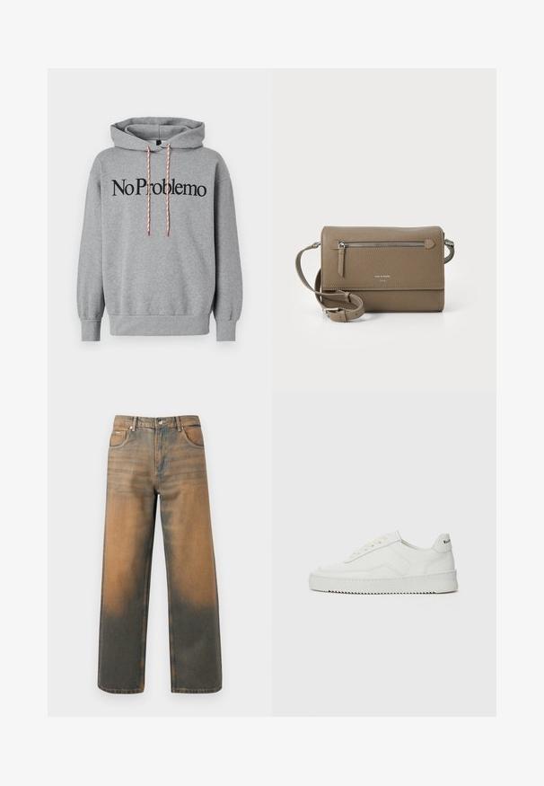 Gray hoodie with a kangaroo pocket, drawstring hood in red and white, featuring "No Problemo" printed in bold black letters across the front.; Wide-leg jeans in distressed blue and brown denim. Features a high waist, front pockets, and a classic button closure with metallic accents.; White leather sneaker with a smooth finish, round toe, flat laces, and a textured sole. Features a subtle logo on the heel.; Taupe leather crossbody bag with a zippered front pocket, adjustable strap, pebble texture, and embossed logo on the front.