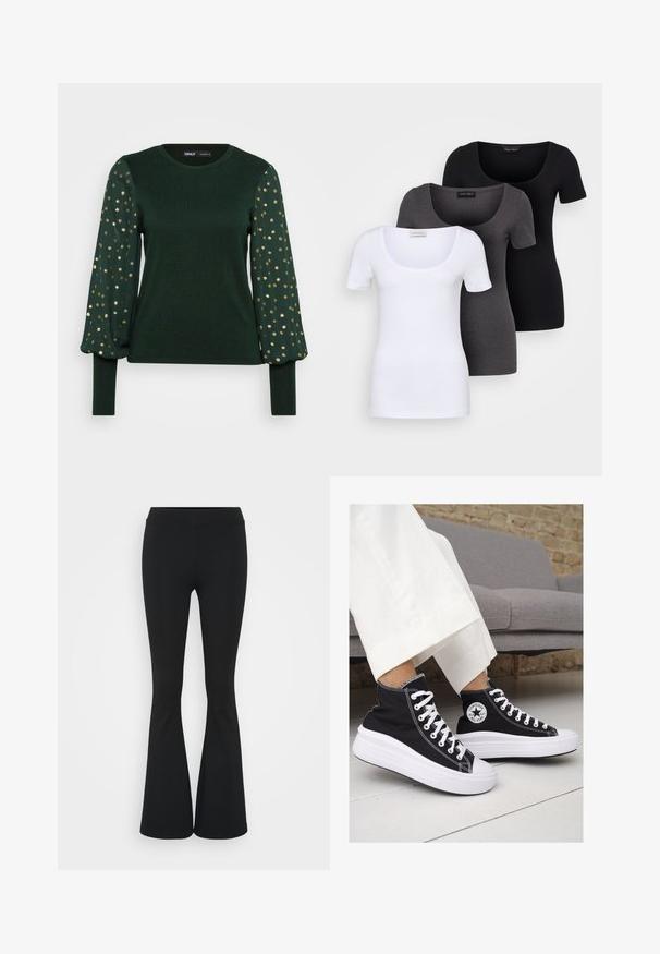 Haut vert à manches longues avec un corps texturé et des manches bouffantes ornées de motifs de points dorés dispersés. Encolure ronde et poignets ajustés.; Trois T-shirts ajustés en blanc, gris et noir. Chacun présente un décolleté large et des manches courtes. Fabriqués en tissu lisse et extensible.; Pantalon évasé noir en tissu extensible, présentant une taille haute et une texture lisse. Le pantalon s'élargit à partir du genou.; Baskets montantes en toile noire avec semelles et lacets en caoutchouc blanc. Elles présentent un logo circulaire sur le côté et un contraste de coutures blanches.