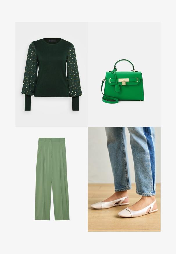 Haut vert à manches longues avec un corps texturé et des manches bouffantes ornées de motifs de points dorés dispersés. Encolure ronde et poignets ajustés.; Pantalons larges verts fabriqués en tissu lisse. Présentent des plis à l'avant, une fermeture à bouton unique et des passants de ceinture.; Ballerines slingback rose pâle avec un bout pointu, fabriquées en un matériau semblable au cuir lisse. Présentent des découpes sur les côtés et un talon plat.; Sac à main en cuir vert avec un design structuré, quincaillerie dorée, une poignée supérieure et une bandoulière amovible. Présente un accent de verrou et une finition texturée.