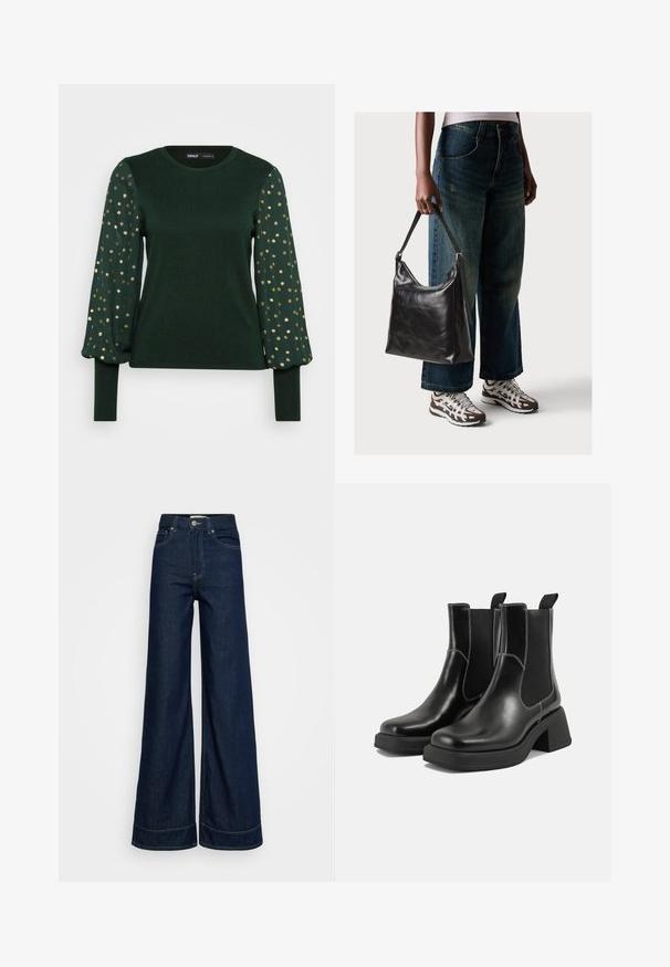Grünes Langarmoberteil mit strukturiertem Körper und Puffärmeln, die mit verstreuten goldenen Punktmustern versehen sind. Runder Ausschnitt und eng anliegende Bündchen.; Dunkelblaue High-Waist-Weitbein-Jeans mit vorderen Taschen, Gürtelschlaufen, Knopfverschluss und sichtbaren Nähten auf weißem Hintergrund.; Schwarze Leder Chelsea-Stiefel mit einem klobigen Absatz, elastischen seitlichen Einsätzen und kontrastierendem weißen Nähten. Strukturierte Oberfläche.; Schwarze Leder-Schultertasche mit glatter Textur und verstellbarem Riemen, kombiniert mit ausgewaschenen weit geschnittenen Jeans und sportlichen Sneakern.