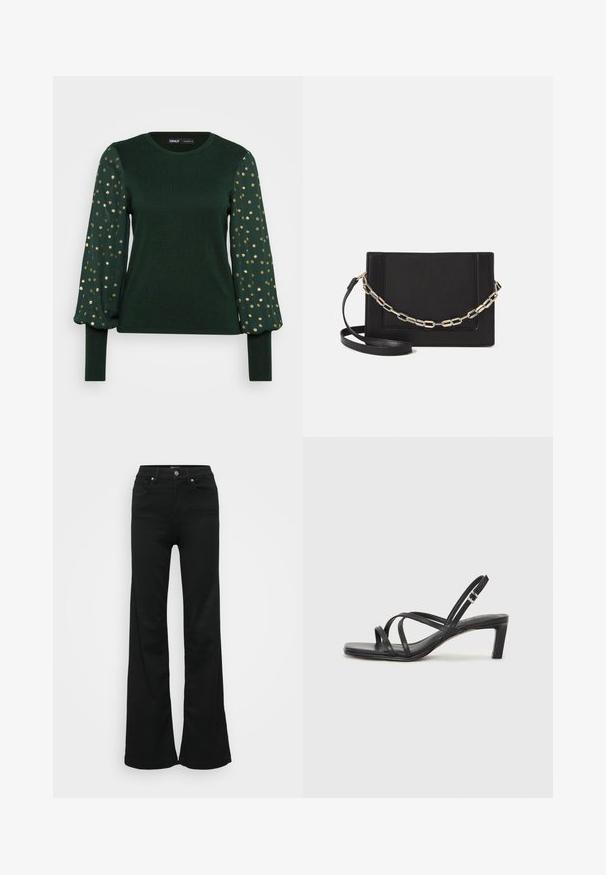 Green long-sleeve top with a textured body and puffed sleeves featuring scattered gold dot patterns. Round neckline and fitted cuffs.; Black flared jeans made from denim, featuring a high waist, five pockets, and metal button closure. Smooth texture with minimal detailing.; Black strappy sandal with a square toe and a low block heel. Features multiple thin straps and an adjustable ankle strap. Made of smooth leather.; Black leather crossbody bag featuring a smooth texture, rectangular shape, and a metallic chain detail on the front. Adjustable strap included.