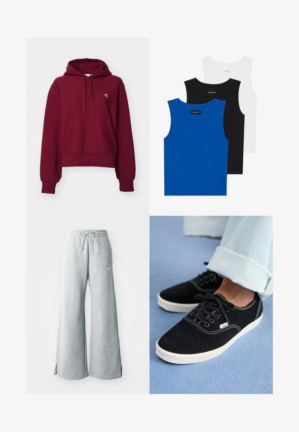 Burgundy hooded sweatshirt made of cotton blend, featuring a front kangaroo pocket, ribbed cuffs, and embroidered logo on the chest.; Three sleeveless shirts in blue, black, and white. The fabric is ribbed with a round neckline. Each shirt has a tag labeled “even&odd.”; Light gray sweatpants made of soft fabric, featuring a drawstring waist, wide legs, and side slits. Nike logo subtly displayed.; Black suede low-top sneakers with black laces, white midsole, and branded tag, paired with light blue cuffed jeans on a blue surface.