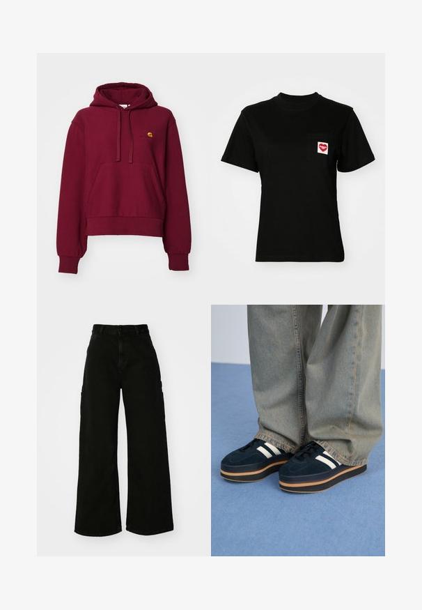 Felpa con cappuccio color bordeaux in misto cotone, dotata di tasca frontale tipo kangaroo, polsini a costine e logo ricamato sul petto.; T-shirt in cotone nero con colletto rotondo e maniche corte. Presenta una tasca frontale con un logo a forma di cuore rosso e testo bianco.; Pantaloni cargo neri a gamba larga in denim, con vita alta, chiusura frontale con bottone e tasche laterali. Texture liscia con cuciture minime.; Sneakers platform in suede blu scuro con strisce bianche e lacci neri. Presentano una spessa suola in gomma marrone. Indossati con pantaloni di jeans azzurri.