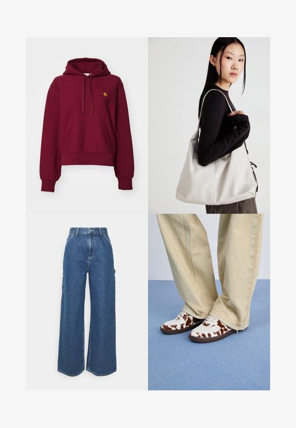 Burgundijas kapucīna krekls, izgatavots no kokvilnas maisījuma, ar priekšējo kangaroo kabatu, ribotiem piedurknēm un izšūtu logo uz krūšu daļas.; Platleņķa zili džinsi ar augstu jostasvietu, kontrastējošām šuvēm un sānu kabatām, ar klasisku piecu kabatu dizainu un neapstrādātiem malām.; Baltie un brūnie zīmējumu kedu pāris ar acs un ādas materiālu, aprīkoti ar brūniem gumijas zoliem. Saskaņotas ar gaismas bēšām platu kāju biksēm.; Bežs rokassoma, izgatavota no mīksta materiāla, ar brīvu dizainu, izšūtu apdari un divām plecu siksnām. Piemērota ikdienas lietošanai.