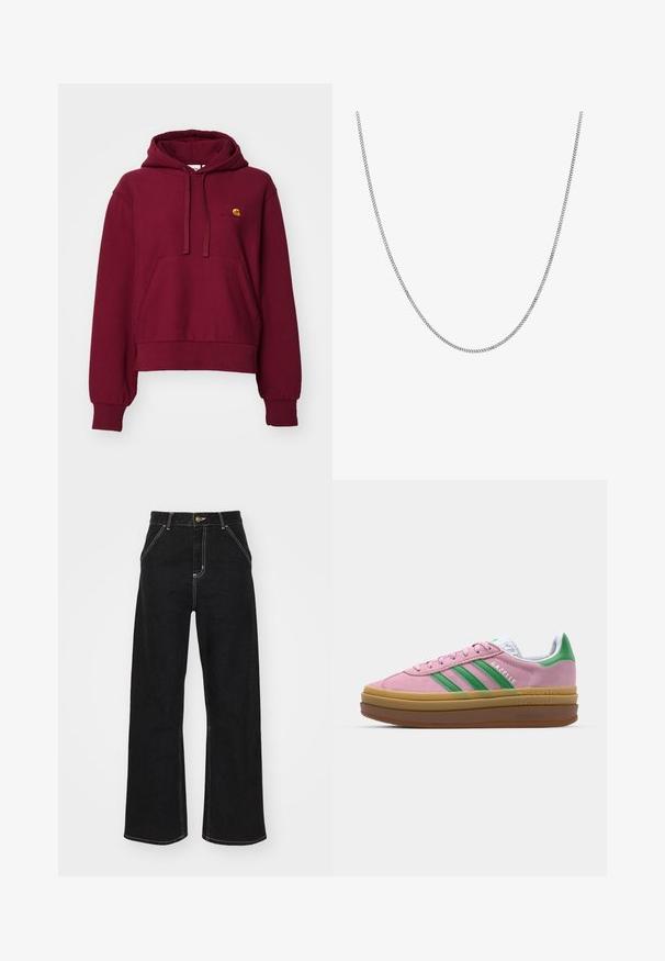 Burgundia värvi kapuutsiga sviiter, mis on valmistatud puuvillase segu materjalist, esi-känguru tasku, soonikkoes mansetid ja rinnal brodeeritud logo.; Mustmustest mustadest denimist, millel on kontrastsed valged õmblused ja esine nupp, kahe nurga all asuva esipocketiga.; Roosa nahast tossud roheliste triipude, valgete aktsentide ja pruuni kummitaldiga. Omavad tekstuuriga kangast ja logo detaile külgedel.; Hõbedane kettkaelakee sujuva, ümmarguse lame lingikujundusega. Omab läikivat viimistlust ja mõõdab ligikaudu 20 tolli pikkust.