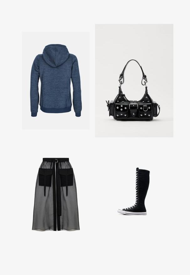 Granatowa bluza z kapturem o textured, melanżowym wzorze. Posiada kaptur ze sznurkiem i ściągacze na rękawach. Prosty, casualowy design bez widocznych logo.; Czarna przezroczysta spódnica z marszczeniem w pasie, posiadająca dwie dużej wielkości kieszenie z przodu, pasek w talii oraz okrągły metalowy akcent.; Czarne wysokie trampki o wysokim designie, wykonane z płótna. Posiadają białe sznurowadła, przeszycia oraz gumową podeszwę z osłoną na palce.; Czarna skórzana torebka w zakrzywionym kształcie, z srebrnymi ćwiekami, klamrą i dwoma bocznymi kieszeniami. Regulowany pasek umożliwiający różne opcje noszenia.