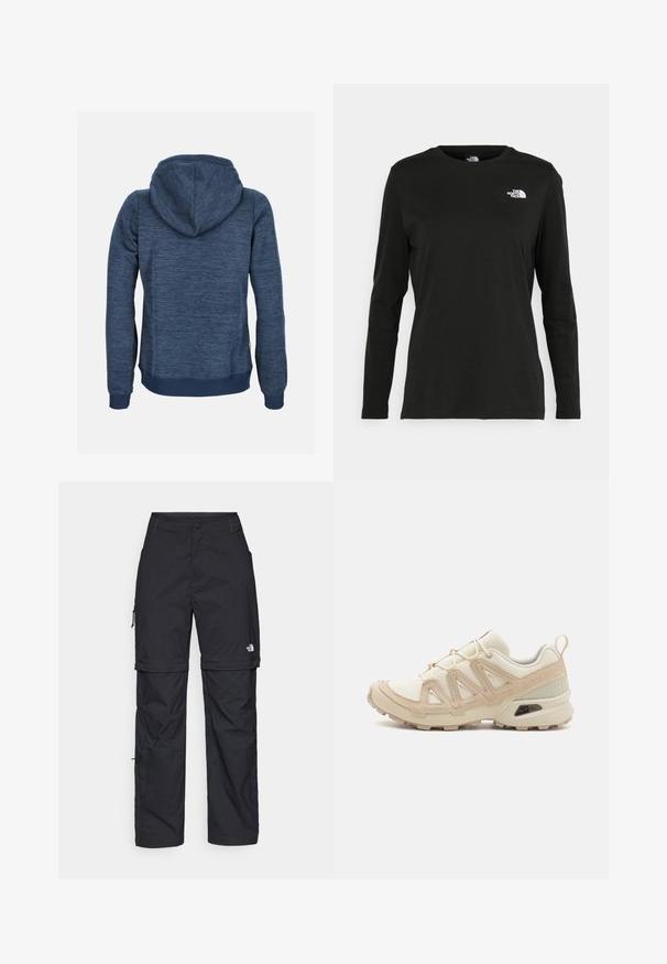 Tummansininen huppari, jossa on teksturoitu, heather-kuvio. Varustettu nyöritettävällä hupulla ja ribbireunuksilla. Yksinkertainen, rento muotoilu ilman näkyviä logoja.; Musta pitkähihaisen t-paita, joka on valmistettu puuvillasta ja jossa on pyöreä kaula-aukko. Vasemmassa rinnassa on pieni valkoinen logo. Yksinkertainen muotoilu ja istuvuus.; Mustat nailonista valmistetut irrotettavat cargo-housut säädettävillä lahkeilla, useilla taskuilla ja logolla oikeassa jalassa. Liukas, kevyt rakenne.; Beige ja kreemi värvi sportlikud jalanõud, millel on tekstiilne mesh ülemine osa, toetavad ülekatted ja kummist tald, millel on mustripattern haardeks.