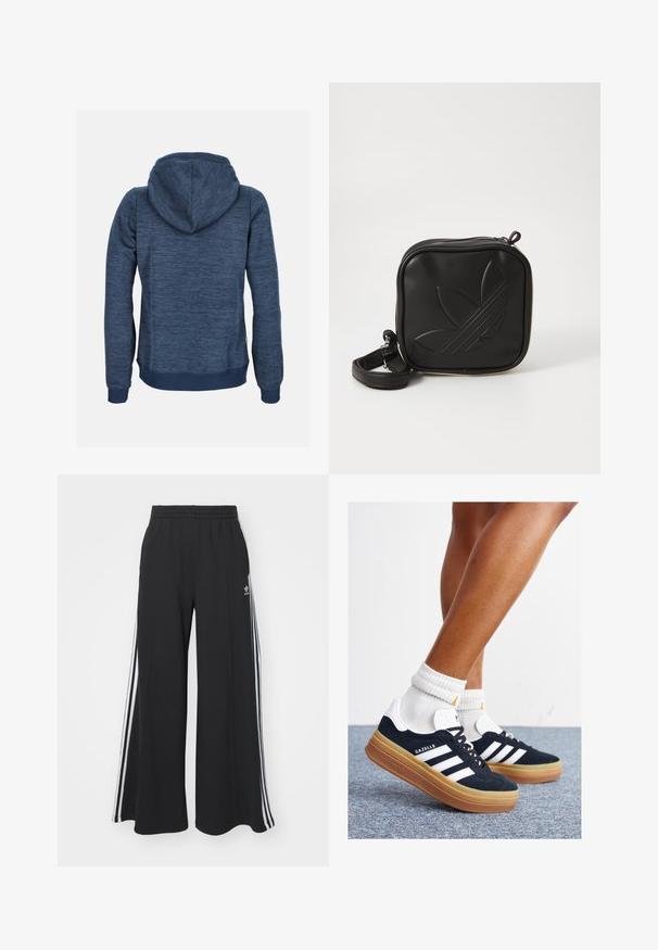 Felpa blu navy con un motivo texturizzato e melange. Presenta un cappuccio con cordini e polsini a costine. Design semplice e casual senza loghi visibili.; Pantaloni in felpa neri a gamba larga con vita elastica, dotati di strisce bianche sui lati e un logo ricamato sulla coscia sinistra.; Sneakers in pelle scamosciata nera con strisce e dettagli bianchi, punta arrotondata, suola in gomma color gomme, abbinate a calzini bianchi a coste alla caviglia.; Borsa a tracolla nera realizzata in materiale sintetico testurizzato. Presenta un design con logo inciso e una tracolla regolabile. Chiusura con zip.