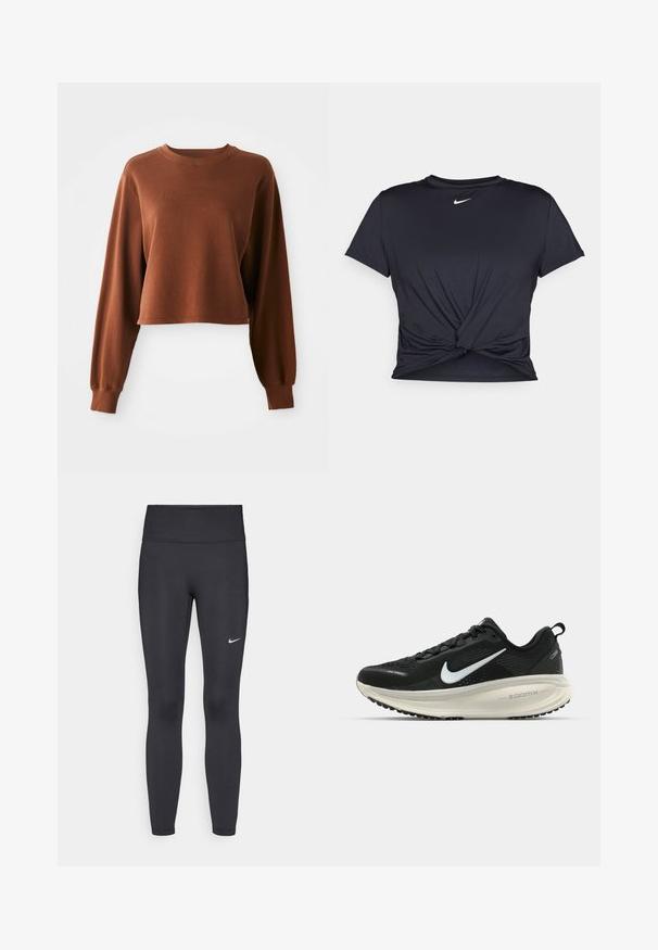 Brun cropped sweatshirt lavet af blødt bomuldsblandingsstof. Har lange ærmer og en rund halsudskæring med ribbede kanter. Glat tekstur.; Sort atletisk t-shirt lavet af glat stof, med et knyttet frontdesign og et lille hvidt Nike-logo på brystet.; Sorte leggings lavet af strækbart stof, med en høj talje og et hvidt Nike-logo på venstre lår. Glat tekstur, tætsiddende design.; Sort Nike løbesko med åndbart mesh-overdel, hvidt swoosh-logo, tekstureret detaljering og en cremede ZoomX mellemsål.