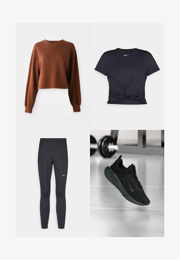 Pruun crop-sweater, mis on valmistatud pehmest puuvilla segust. Omab pikki varrukaid ja ümmargust kaelust ribatrepiga. Sile tekstuur.; Mustmust musta sportlik T-särk, mis on valmistatud sujuvast kangast, millel on sõlmega esikülg ja väike valge Nike logo rinnal.; Mustad mustadest leggingid, mis on valmistatud venivast kangast, kõrge vöökoha ja valge Nike logo abil vasakul reiel. Sile tekstuur, keha järgiv disain.; Mustad mustang spordijalatsid Nike logo'ga, õhus spordisaali põrandal, häguste hantlite riiulitega taustal.