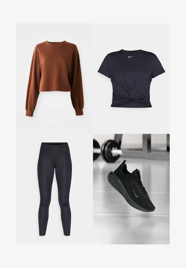 Sweatshirt scurt de culoare brown, realizat dintr-un amestec de bumbac moale. Include mâneci lungi și un guler rotund cu margini ribbate. Textură netedă.; Tricou sport negru din material neted, cu un design frontal legat și un mic logo Nike alb pe piept.; Leggings negre dintr-un material neted și elastic. Talie înaltă fără modele sau accente vizibile. Se potrivesc strâns de la talie până la glezne.; Tenisii sport negru cu logo-ul Nike, arătați în aer deasupra podelei de sală de sport, cu un suport pentru haltere neclar în fundal.