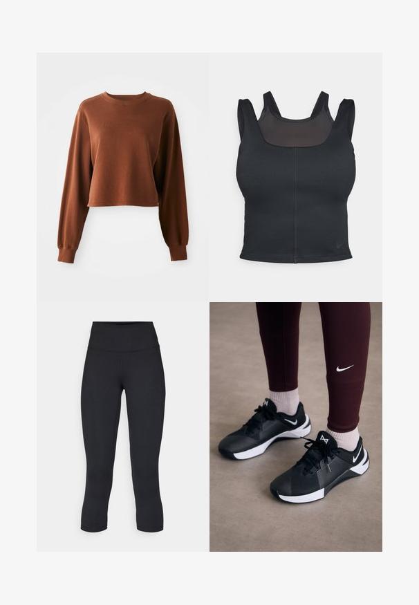Brun crop sweatshirt laget av myk bomullsblanding. Har lange ermer og rund hals med ribbestrikket kant. Jevn tekstur.; Svart treningsbh med en tettsittende design, brede stropper og et nettdeksel foran. Glatt tekstur og minimale sømmer. Nike-logo på kanten.; Sorte, cropped leggings laget av elastisk stoff, med høy midje og glatt tekstur, uten synlige mønstre eller detaljer.; Svarte joggesko med en strukturert overdel og hvite detaljer, med snøring og logo på siden. Brukt med maroon leggings og lyse sokker.