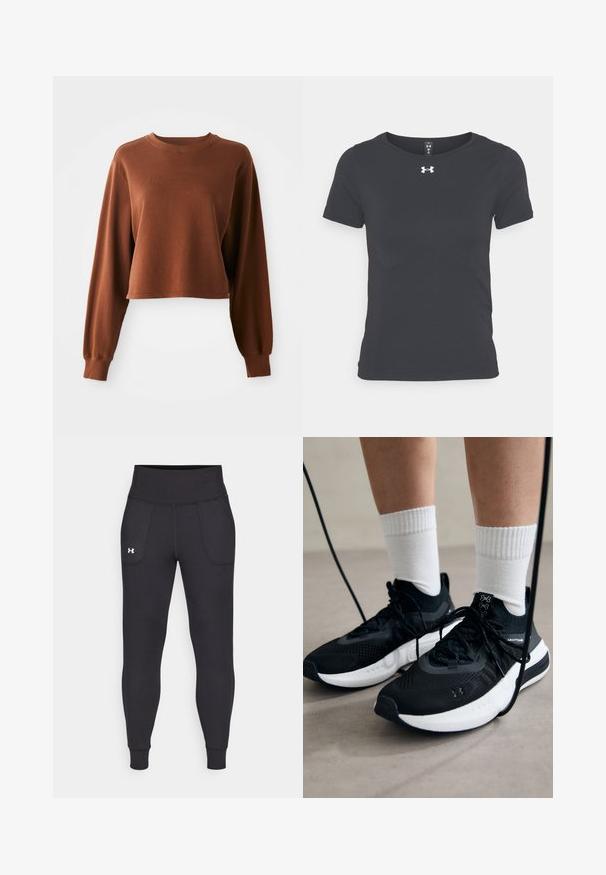 Pruun crop-sweater, mis on valmistatud pehmest puuvilla segust. Omab pikki varrukaid ja ümmargust kaelust ribatrepiga. Sile tekstuur.; Must kummargune lühikeste varrukatega spordipaita, mis on valmistatud kergest materjalist, ümmarguse kaelusega ja Under Armouri logoga rinnal.; Mustad must-harjutuslegid, mis on valmistatud elastse materjali jaoks, kõrge vöökoha, küljetaskute ja tihedalt istuvate pahkluude vahega.; Mustad mustad jalanõud tekstuuritud kangast, valge tallaga ja mustade paeltega. Kanna valgete soonikkudega sokkide sisse, seistes helesinisel pinnal.