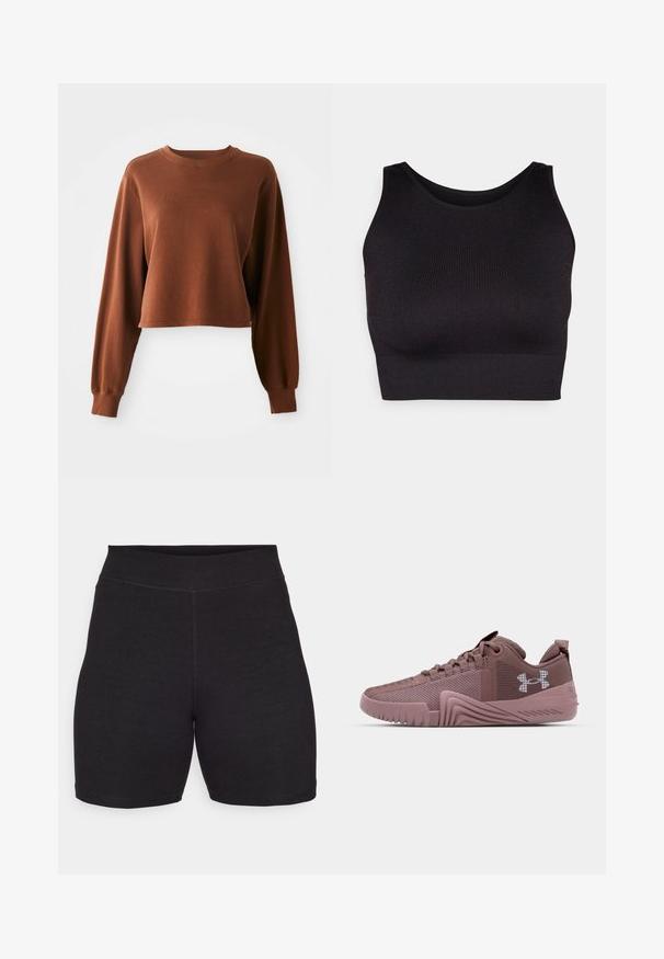 Brown crop sweatshirt made of soft cotton-blend fabric. Features long sleeves and a round neckline with ribbed trim. Smooth texture.; Black ribbed crop top with a high neckline and wide armholes, featuring a soft, stretchy fabric for comfort and a seamless design.; Black cycling shorts with a high waist, made of stretchy, soft fabric. Features flat seams and a smooth texture for comfort.; Dark pink athletic shoes with textured mesh upper, rubber sole, and pronounced grip pattern; features logo on side and padded collar.