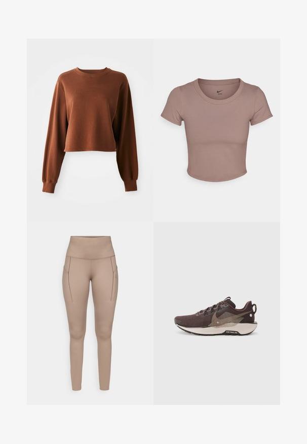Sweatshirt cropped brun en tissu doux à base de coton. Présente des manches longues et un col rond avec bord côtelé. Texture lisse.; T-shirt cropped marron en tissu lisse, avec un col rond et des manches courtes. Logo Nike imprimé à l'intérieur du col.; Leggings de sport beiges à taille haute, dotés de deux poches latérales et d'un tissu lisse et extensible. Détail de logo subtil en gris.; Chaussure de course marron foncé avec une tige en mesh texturé, des accents marron clair contrastants, une semelle segmentée et des détails réfléchissants.