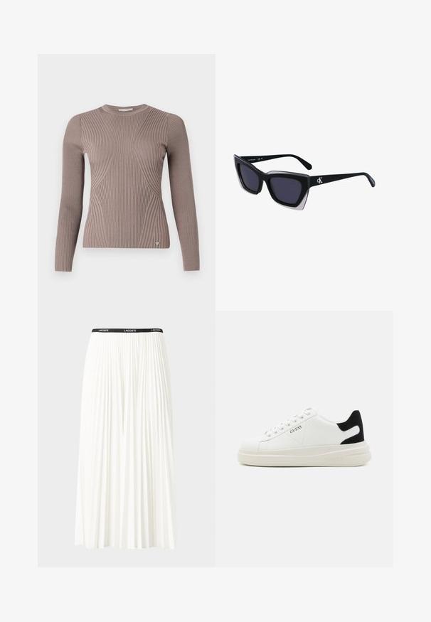 Langärmliger, gerippter Pullover in hellem Taubengrau, mit einem figurbetonten Design, strukturierten Mustern und einem kleinen Logo-Akzent am Saum.; Faltenrock aus Weiß mit einem schwarzen elastischen Bund, der das "LACOSTE"-Logo trägt. Mittellanges Design mit weicher Textur.; Weiße Leder-Sneaker mit einer dicken weißen Sohle, schwarzem Wildlederakzent an der Ferse und geprägtem Logo an der Seite. Schnürdesign mit sechs Ösen.; Schwarze übergroße Sonnenbrille mit geometrischer Form, ausgestattet mit dunklen Gläsern und einem kontrastierenden grauen Detail im Rahmen. Logo am Bügel.