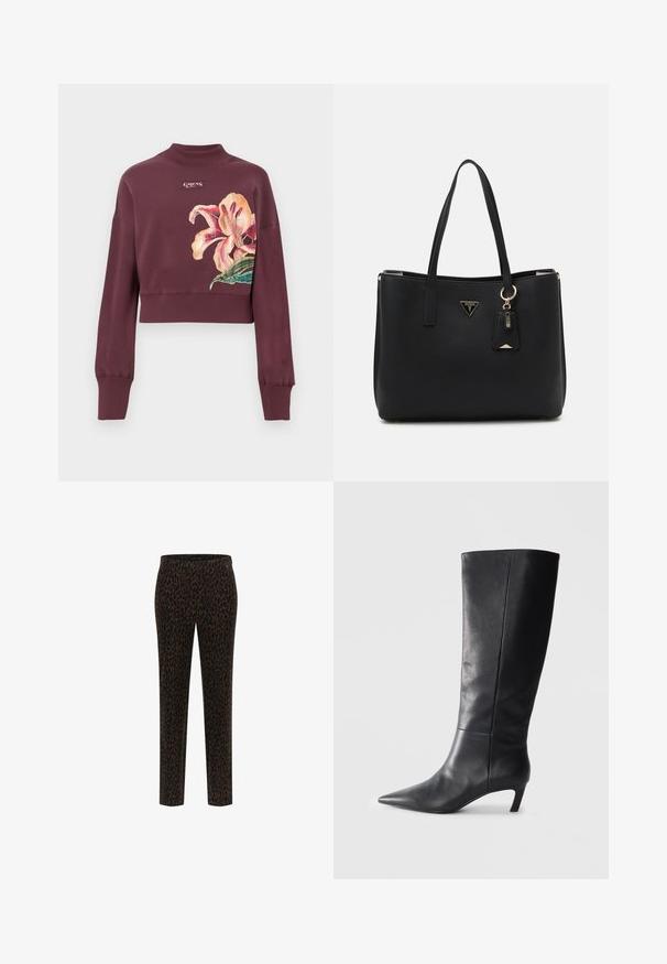 Bordeaux cropped sweatshirt met ribgebreide manchetten en kraag, met een grote roze en oranje bloemenprint en een klein merkembleem op de borst.; Zwarte broeken met een luipaardprint in bruintinten, slim-fit ontwerp, elastische taille, soepele stof en rechte pijpen.; Zwarte leren kniehoog laars met een spitse neus, gestructureerd ontwerp en een bescheiden hak. Stijlvolle textuur, minimale stikseldetails.; Zwarte tote bag van gestructureerd synthetisch materiaal, met twee handvatten, een gouden logo plaatje en een klein label met accentdetail.