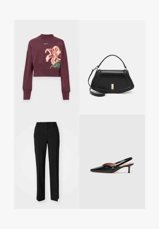Maroon cropped sweatshirt with ribbed cuffs and collar, featuring a large pink and orange flower print and small brand logo on chest.; Black tailored trousers with a straight-leg design, featuring a smooth texture and crisp creases along the front. No visible hardware.; Black patent leather slingback pump with a pointed toe, small heel, and a cutout design on the vamp. Gold-tone hardware accent on the side.; Black leather handbag with a structured design, featuring a cropped shape, top handle, and gold hardware accent. Adjustable shoulder strap included.